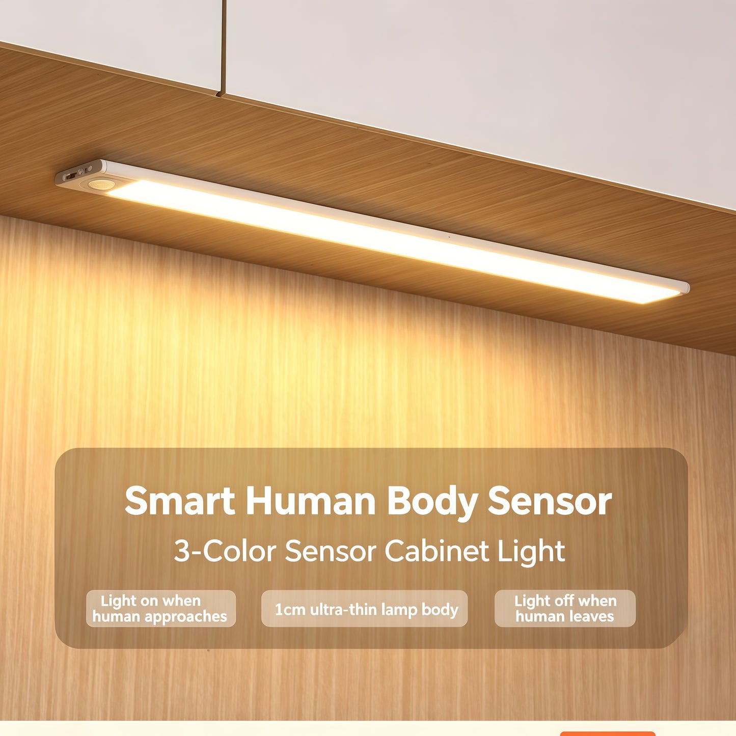 Ultra-thin human body sensor light strip with adjustable brightness and three-color changing. Smart LED strip with self-adhesive, USB rechargeable