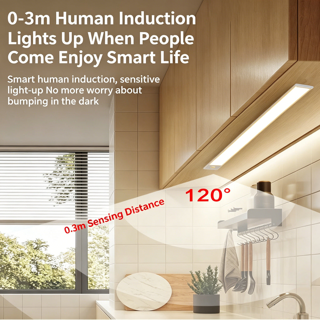 Ultra-thin human body sensor light strip with adjustable brightness and three-color changing. Smart LED strip with self-adhesive, USB rechargeable, suitable for cabinets, wine cabinets, and wardrobes.