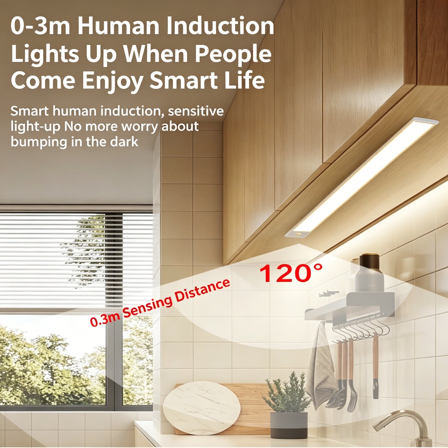 Ultra-thin human body sensor light strip with adjustable brightness and three-color changing. Smart LED strip with self-adhesive, USB rechargeable