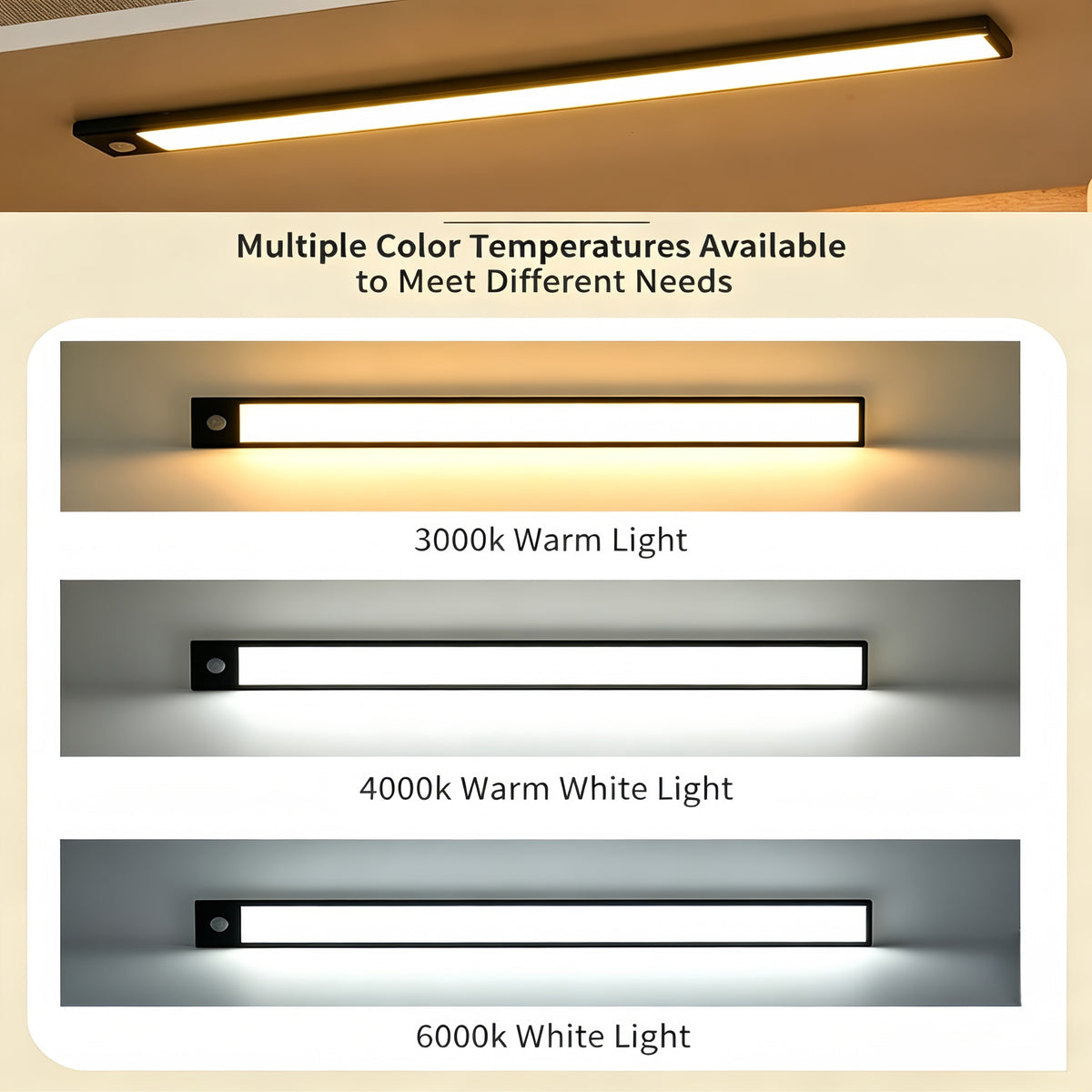 Ultra-thin human body sensor light strip with adjustable brightness and three-color changing. Smart LED strip with self-adhesive, USB rechargeable