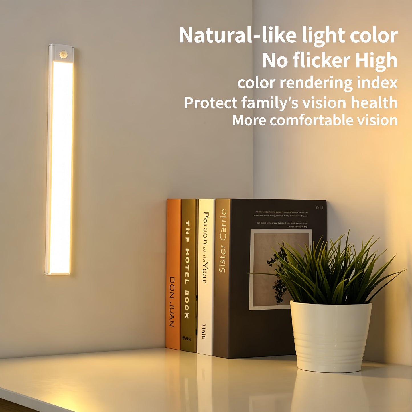 Ultra-thin human body sensor light strip with adjustable brightness and three-color changing. Smart LED strip with self-adhesive, USB rechargeable