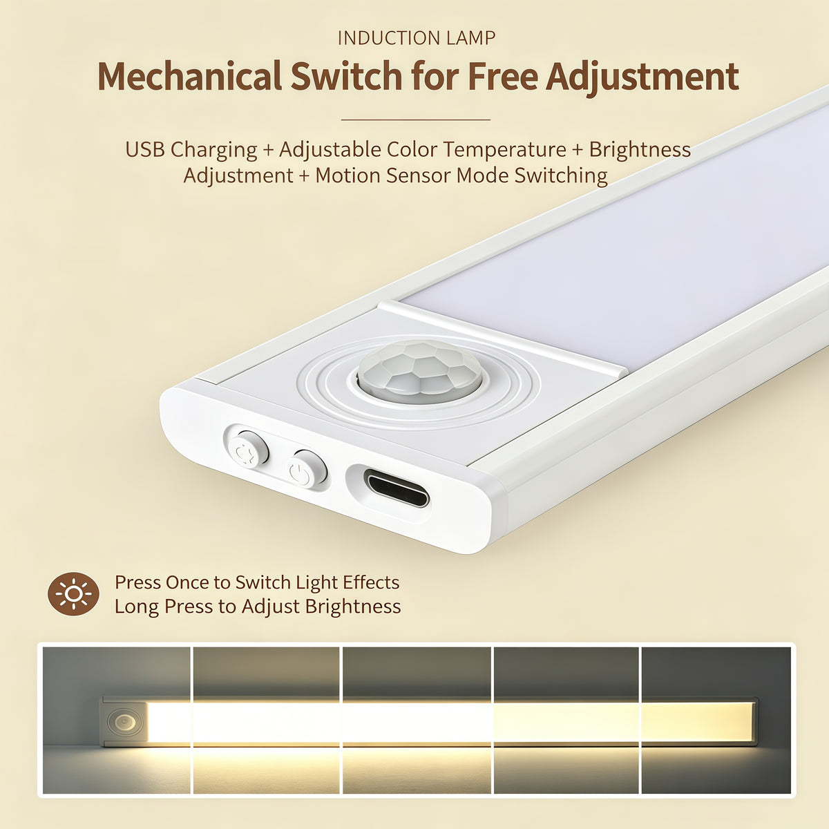 Ultra-thin human body sensor light strip with adjustable brightness and three-color changing. Smart LED strip with self-adhesive, USB rechargeable