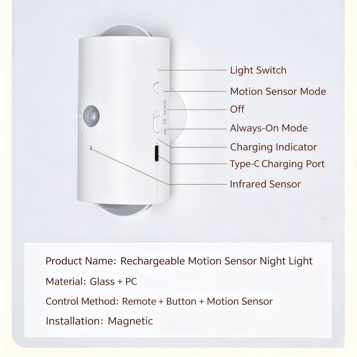 Smart Motion Sensor LED Wall Light, Magnetic Rechargeable RGB Cabinet Light with Remote, 16 Colors Wireless Spotlight